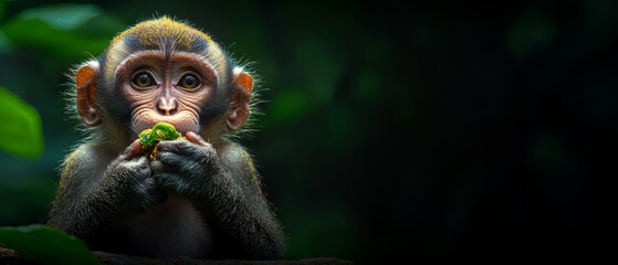 Fototapeta premium A tight shot of a monkey with a juicy fruit piece in its mouth, gazing at the camera