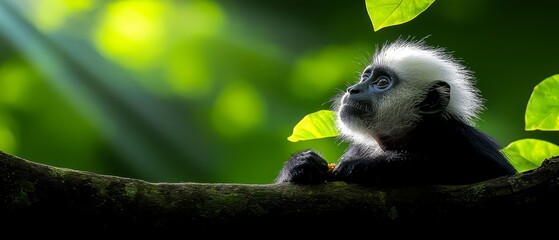 Obraz premium A monkey in black and white sits on a tree branch, surrounded by green foliage Behind it, a bright light illuminates