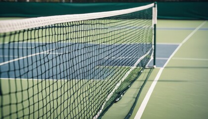 Fototapeta premium Close-up of tennis net, sports atmosphere, outdoor setting, green and blue colors, recreational activity