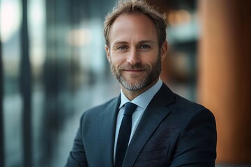 Fototapeta premium Smiling Businessman in Modern Navy Blue Suit with Tie