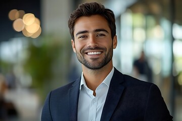 Smiling Businessman in Navy Blue Suit - Confident and Approachable