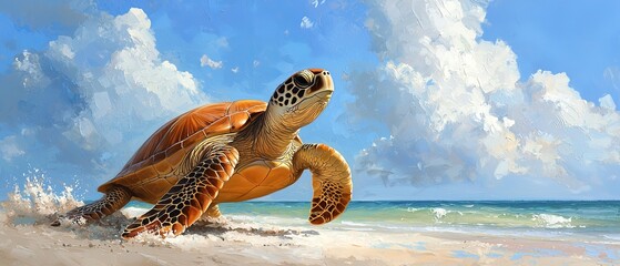 Obraz premium A turtle emerging from the water onto a sandy beach against a backdrop of a blue sky and scattered clouds