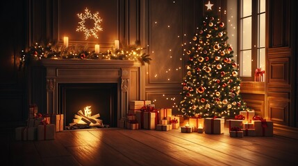 Obraz premium A cozy Christmas living room with fireplace