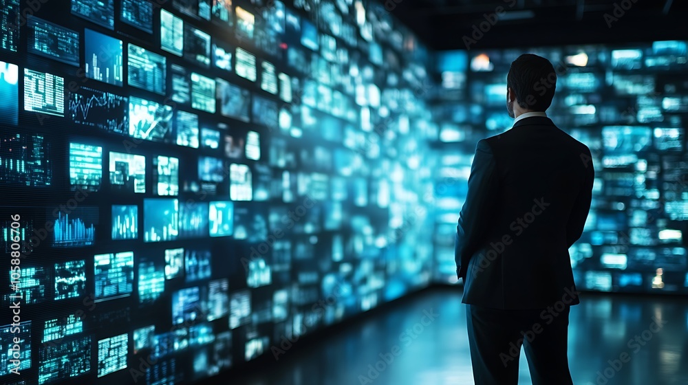 Poster man looking at data screens clean blank canvas with empty space for designs