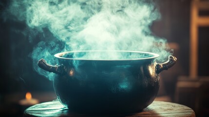 An antique cauldron emits thick steam in a dimly lit room, evoking mystery, magic, and a hint of historical alchemy, with a warm glow from a distant candle illuminating shadows.