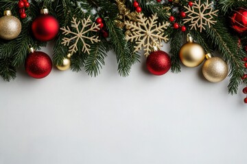 Festive Christmas decorations with red and gold ornaments, pine branches, and snowflakes, perfect for holiday celebrations.