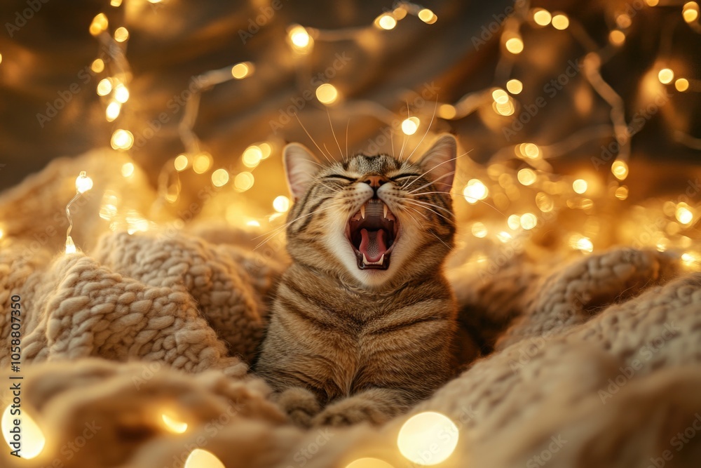Aufkleber a domestic cat is relaxed and yawning while lying on a soft blanket