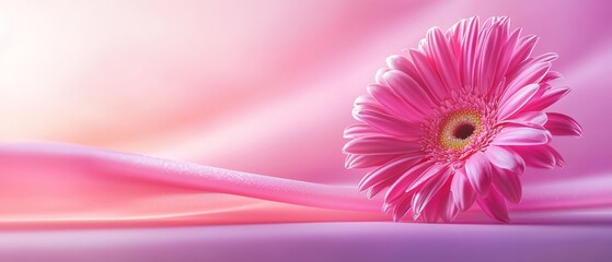  A tight shot of a pink flower, ribbon softly focused in foreground, background gently blurred