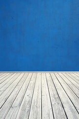 Fototapeta premium Blue Wall and White Wooden Floor Smooth Blue Background with Copy Space for Advertisements