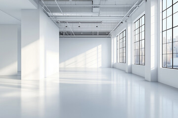 Fototapeta premium Modern empty art gallery with white walls and large windows
