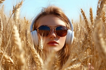 A woman wearing sunglasses and headphones stands in a green wheat field, enjoying the scenery