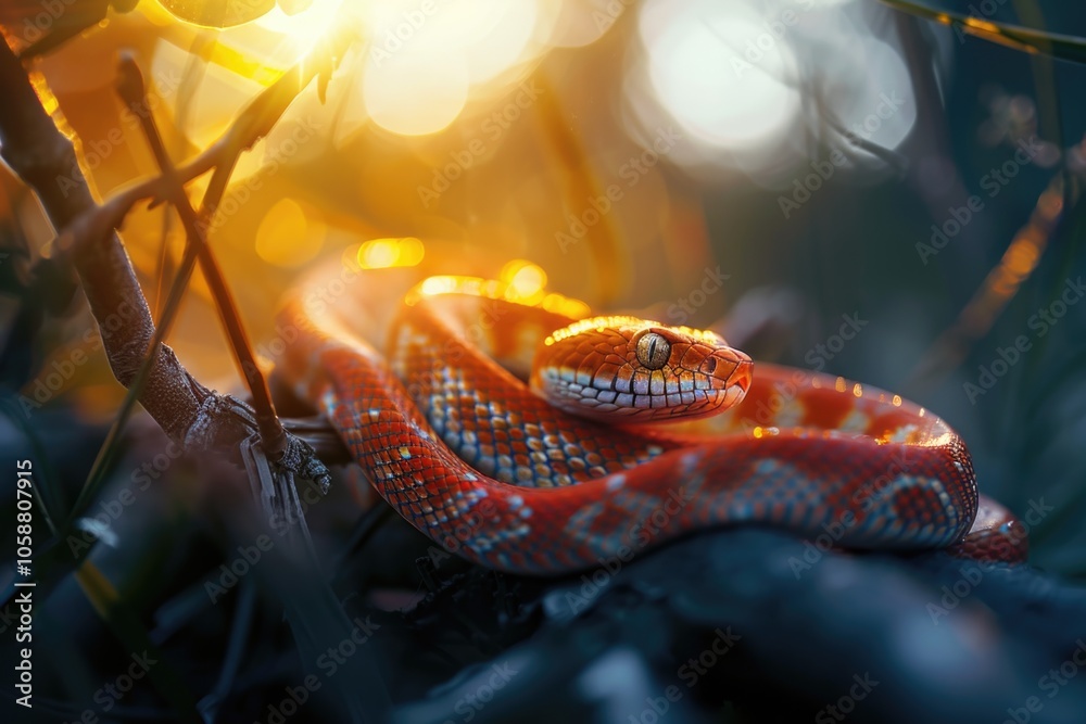 Poster a close-up shot of a snake coiled around a branch, with intricate details and texture