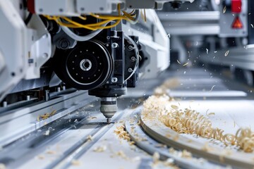 Fototapeta premium Machine cutting wood into small chips on a wooden table