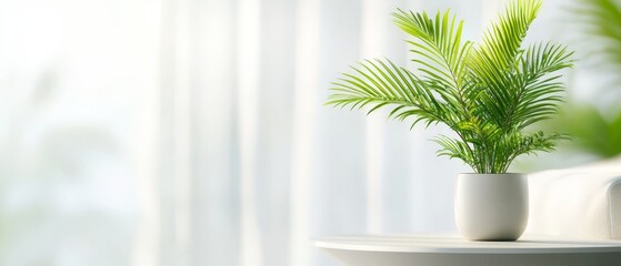  A potted plant on one table, next to another, both placed before a window