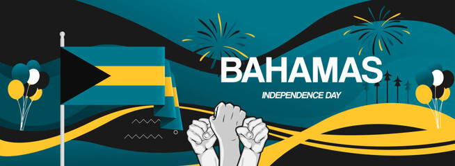 Bahamas independence day festive banner. Vibrant modern templates for holiday celebration, greeting card, billboard, and sport event backdrops. July 10th. Happy national day of Bahamas