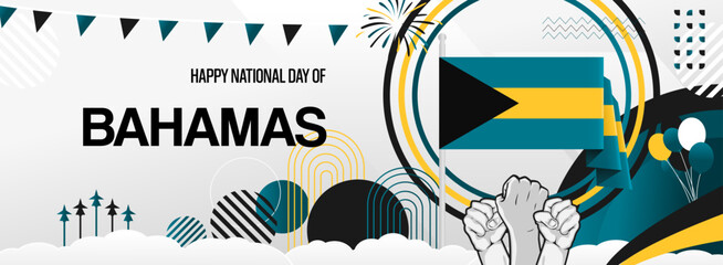 Bahamas independence day festive banner. Vibrant modern templates for holiday celebration, greeting card, billboard, and sport event backdrops. July 10th. Happy national day of Bahamas