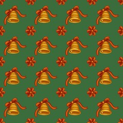 Small Seamless Pattern Design Bell and Flower Bow with Green Background