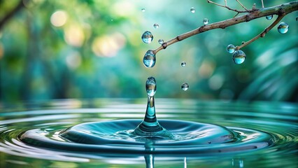 Teal water droplets falling from a branch into a pool of water on a natural background, nature, water droplets, serene
