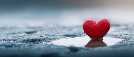 Fototapeta premium A red heart floating on three puddles of water