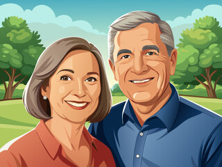 Happy Mature Couple Enjoying a Walk in the Park – Togetherness and Joy. woman portrait mature couple happy together active bonding park outdoor middle-aged man talking 