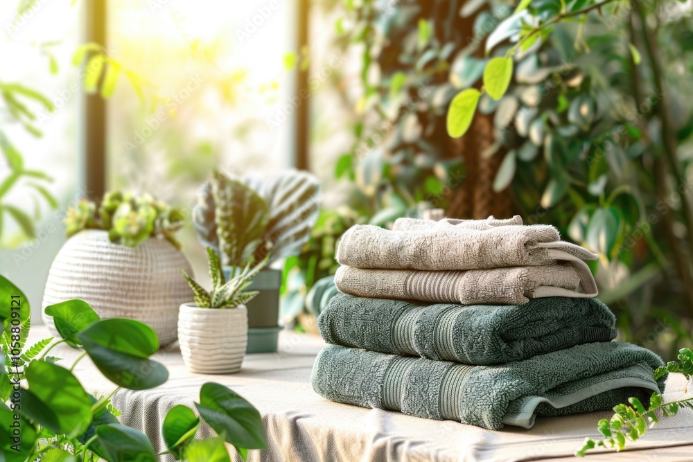 Poster a collection of towels stacked on a flat surface, ideal for use in bathrooms, gyms or spas