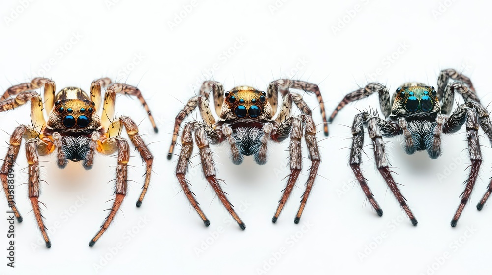 Poster Close-up Views of Three Colorful Spiders Showcasing Distinct Features Generative AI