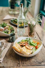High angle view of food served on table