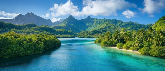  A river flows through a lush, green forest filled with trees In the distance, a mountain range rises  A river winds its way through a dense, forested landscape