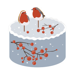 Christmas bento cake decorated with two robin bird toppers red berry branches. Xmas sweet cake, isolated vector illustration