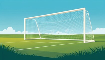 Colorful illustration of a football goal on a grassy field with a blue sky