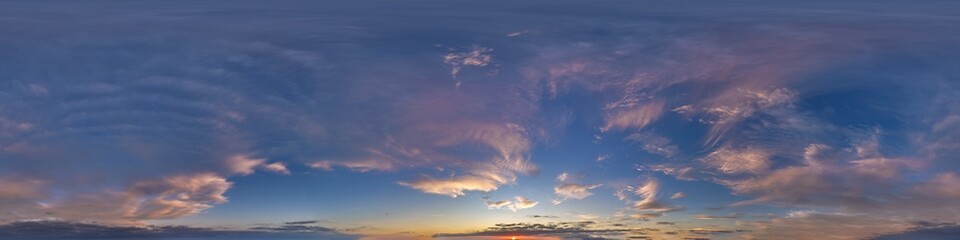 pink blue evening sky hdri 360 panorama view with zenith and awesome clouds before sunset for use in 3d graphics as sky dome or edit drone shot as sky replacement