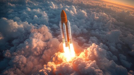 A vibrant 3D image of a white and orange rocket taking off, leaving behind clouds and smoke, embodying the spirit of innovation and space exploration for startups and tech projects