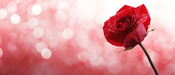  A solitary red rose, adorned with water beads on its petals, against a pink-white blurred backdrop