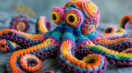 A cute crochet octopus design brimming with vibrant colors, showcasing a whimsical and artistic style that exudes charm and imaginative craftsmanship.