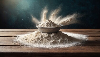 Metal bowl filled with flour creating a dusting effect on wooden table