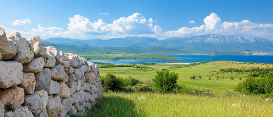 Obraz premium mountains in the distance, a body of water nearby, clouds in the sky above