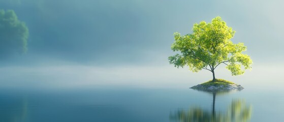  A solitary tree on a small island in a foggy body of water