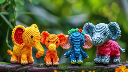 Four crocheted elephants, each with unique vibrant colors, stand together on a branch. Their crafty design and cheerful presence add whimsy to the natural background.