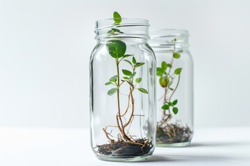 Couple of transparent glass jars filled with various plants and greenery