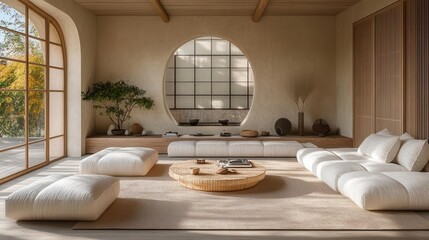 japandi-style living room featuring minimalist furniture, natural materials, and serene colors that blend japanese and scandinavian design elements, creating a tranquil atmosphere