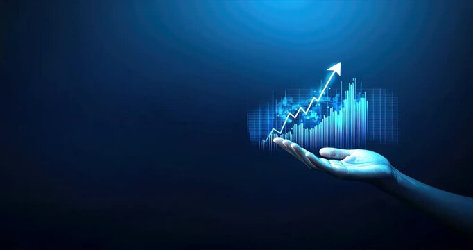 Hand holds rising arrow on a graph with a growing chart on blue background, representing algorithmic trading, business growth, financial improvement