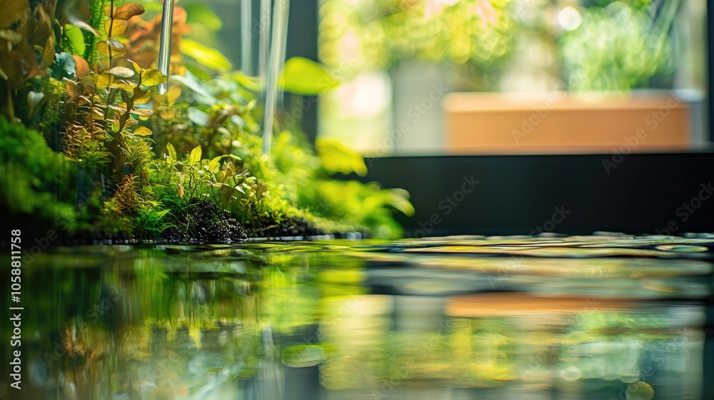 Poster a close-up view of a water feature surrounded by lush greenery