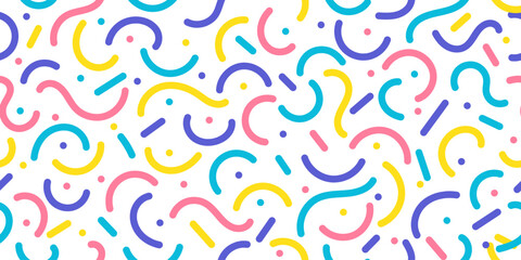 abstract trendy seamless pattern colorful geometric line doodle shape on white background.cute playful line scribble for event kids