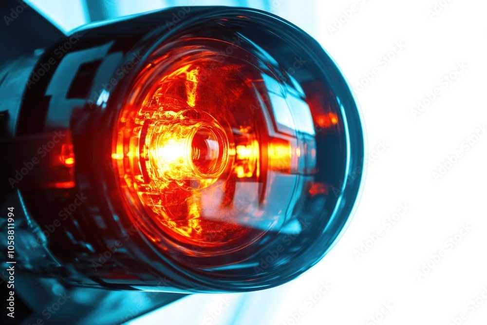 Poster a close-up shot of a red light on a moving vehicle, often used for traffic or warning signs