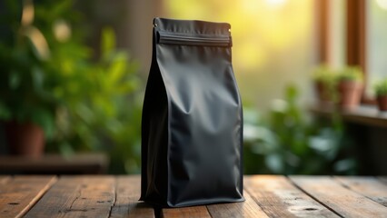Stylish coffee bag mockup with an upright design, highlighting the realistic material and soft creases. The background is softly blurred with hints of greenery and a warm bokeh effect for a natural.