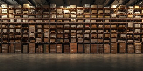A vast shelving unit in a warehouse holds numerous boxes and is illuminated by minimal light, captured within a broad frame. The scene features ample storage and spaciousness.