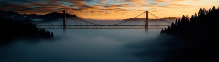 Bridge Silhouette in Misty Sunrise with Copy Space