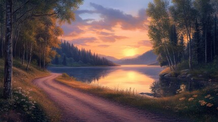 Obraz premium A tranquil lake illuminates at sunrise, bordered by a dirt road and trees that enhance the serene landscape. The dirt road invites exploration, creating a peaceful scene.
