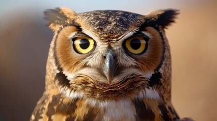 Fototapeta premium Close up Portrait of a Majestic Owl with Intense Yellow Eyes