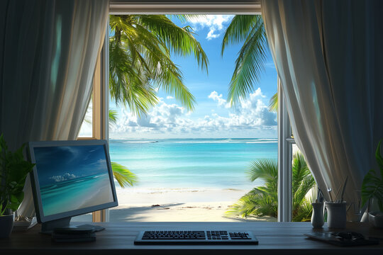 Fototapeta Home window furniture computer with beach view
